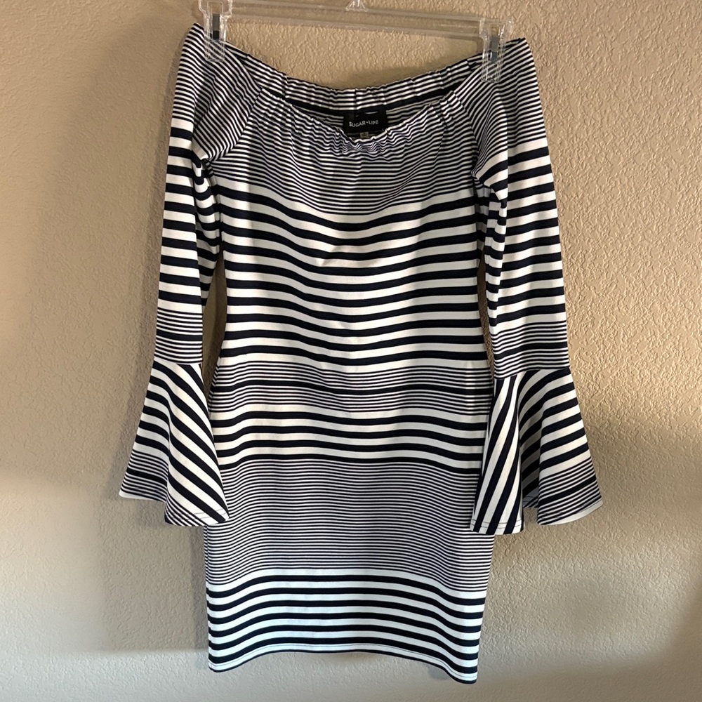 Sugarlips Black and White Striped Long Sleeve Dress